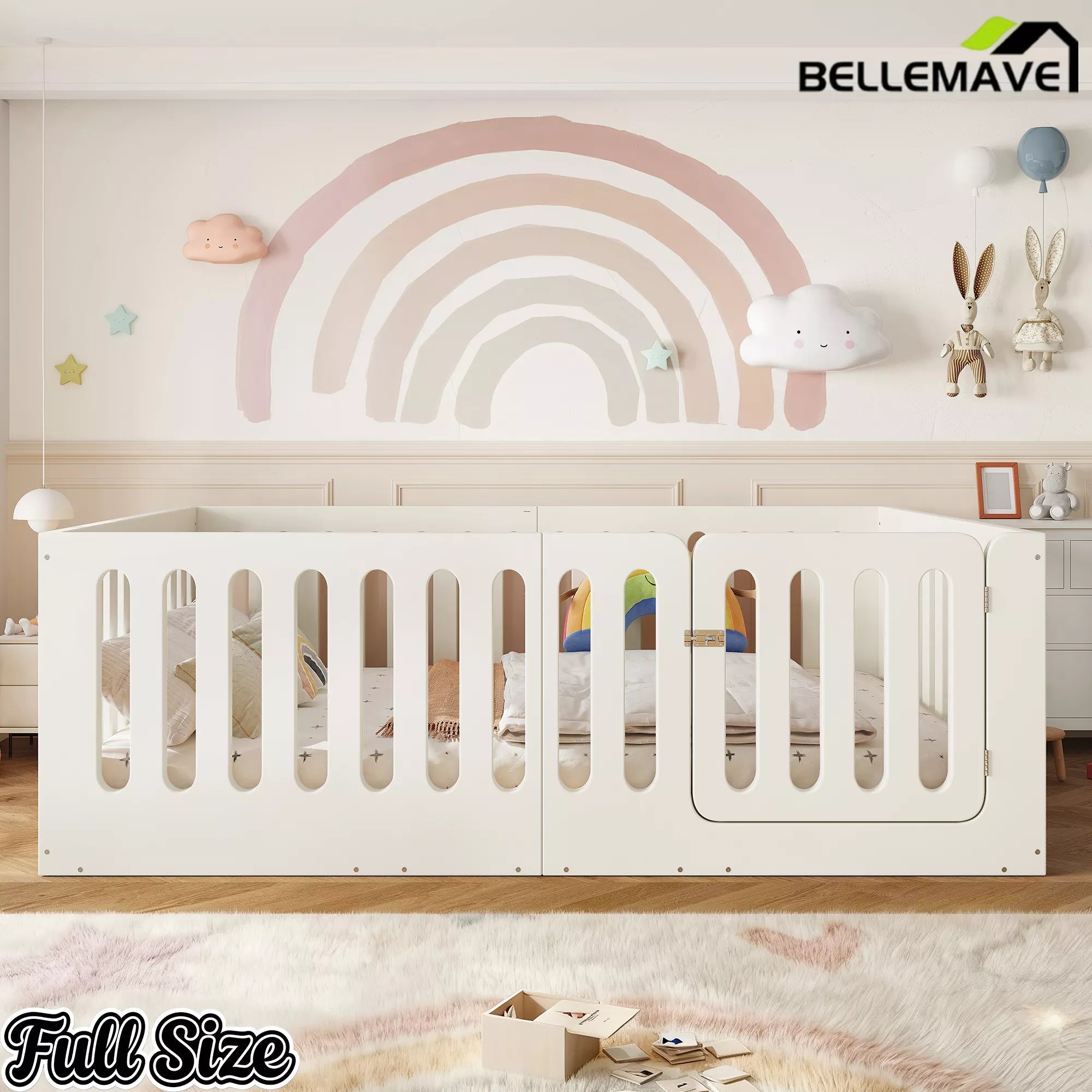 Bellemave® Kids Floor Bed, Wooden Montessori Floor Bed with Fence and Door, Twin Full Queen Size Available, Low Profile Design with No Box Spring Needed - Bellemave