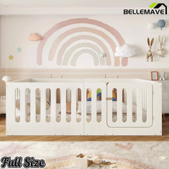 Bellemave® Kids Floor Bed, Wooden Montessori Floor Bed with Fence and Door, Twin Full Queen Size Available, Low Profile Design with No Box Spring Needed - Bellemave