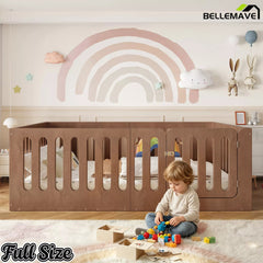 Bellemave® Kids Floor Bed, Wooden Montessori Floor Bed with Fence and Door, Twin Full Queen Size Available, Low Profile Design with No Box Spring Needed - Bellemave