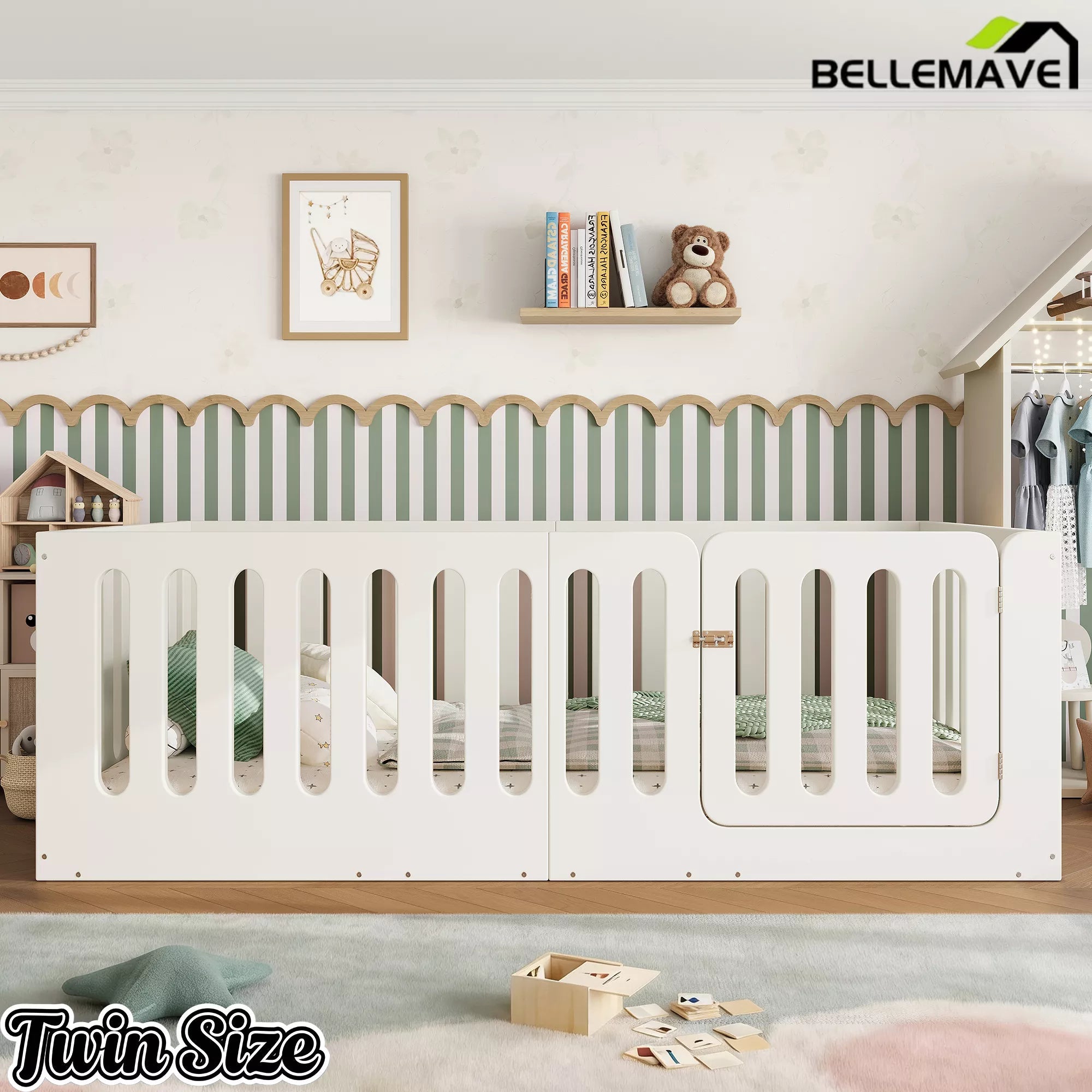 Bellemave® Kids Floor Bed, Wooden Montessori Floor Bed with Fence and Door, Twin Full Queen Size Available, Low Profile Design with No Box Spring Needed - Bellemave