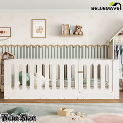 Bellemave® Kids Floor Bed, Wooden Montessori Floor Bed with Fence and Door, Twin Full Queen Size Available, Low Profile Design with No Box Spring Needed - Bellemave