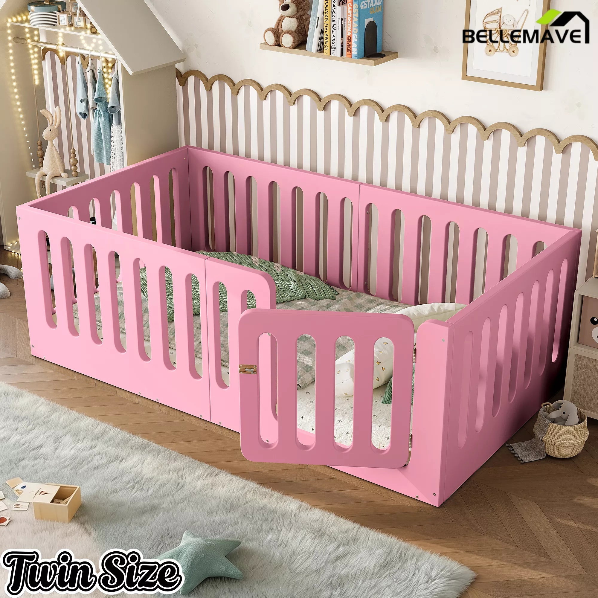 Bellemave® Kids Floor Bed, Wooden Montessori Floor Bed with Fence and Door, Twin Full Queen Size Available, Low Profile Design with No Box Spring Needed - Bellemave