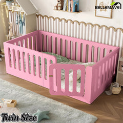 Bellemave® Kids Floor Bed, Wooden Montessori Floor Bed with Fence and Door, Twin Full Queen Size Available, Low Profile Design with No Box Spring Needed - Bellemave