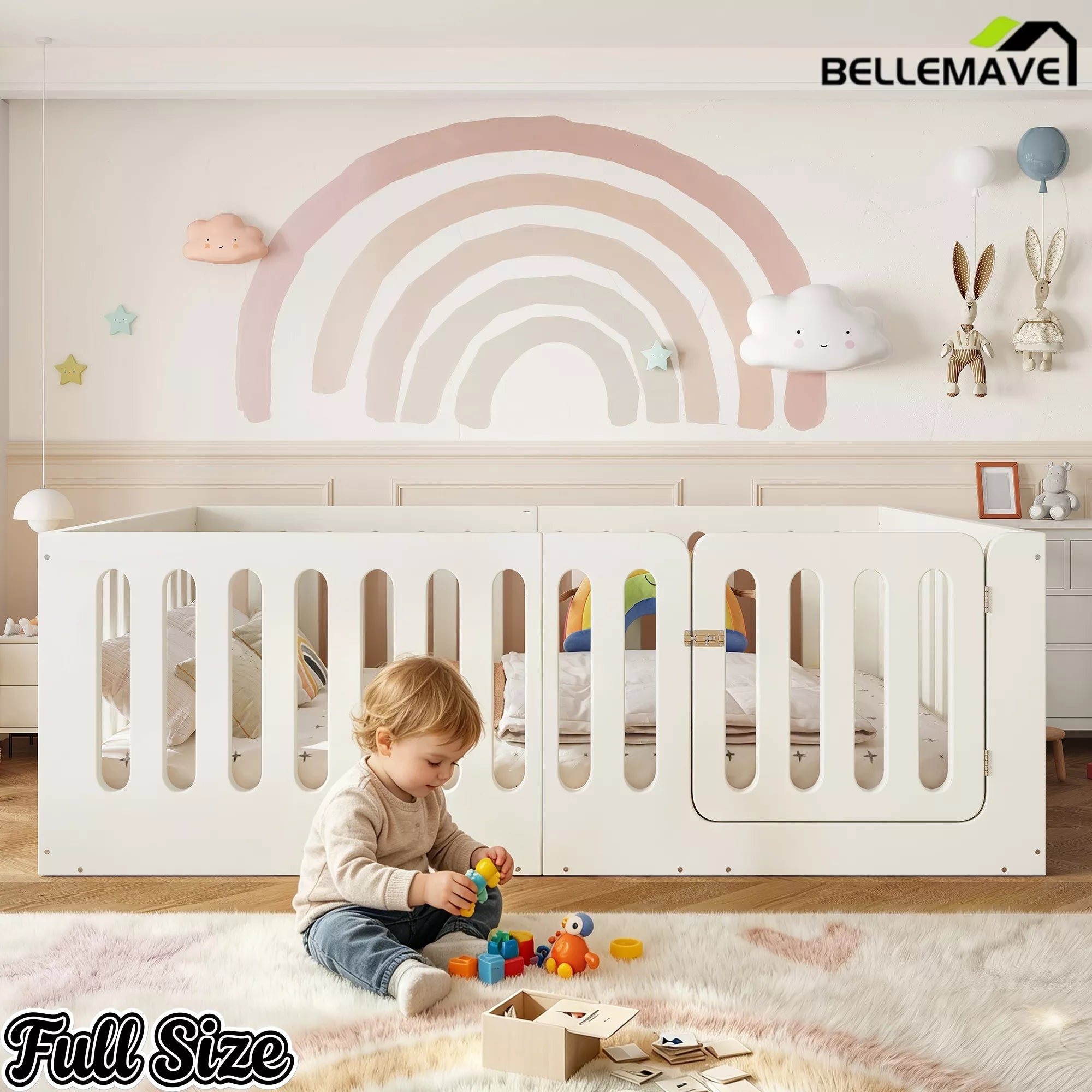 Bellemave® Kids Floor Bed, Wooden Montessori Floor Bed with Fence and Door, Twin Full Queen Size Available, Low Profile Design with No Box Spring Needed - Bellemave