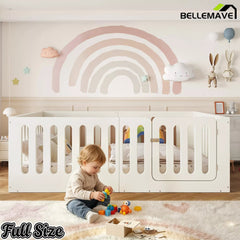 Bellemave® Kids Floor Bed, Wooden Montessori Floor Bed with Fence and Door, Twin Full Queen Size Available, Low Profile Design with No Box Spring Needed - Bellemave
