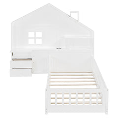 Bellemave® Kids Floor House Bed with Fences & Drawers, Platform Bed with Storage Headboard, Shelves, Sockets & USB (White) - Bellemave