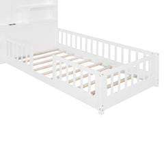 Bellemave® Kids Floor House Bed with Fences & Drawers, Platform Bed with Storage Headboard, Shelves, Sockets & USB (White) - Bellemave