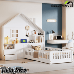 Bellemave® Kids Floor House Bed with Fences & Drawers, Platform Bed with Storage Headboard, Shelves, Sockets & USB (White) - Bellemave