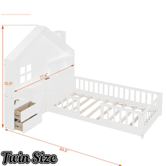 Bellemave® Kids Floor House Bed with Fences & Drawers, Platform Bed with Storage Headboard, Shelves, Sockets & USB (White) - Bellemave