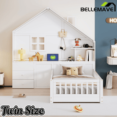 Bellemave® Kids Floor House Bed with Fences & Drawers, Platform Bed with Storage Headboard, Shelves, Sockets & USB (White) - Bellemave