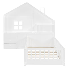 Bellemave® Kids Floor House Bed with Fences & Drawers, Platform Bed with Storage Headboard, Shelves, Sockets & USB (White) - Bellemave