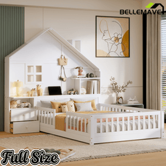 Bellemave® Kids Floor House Bed with Fences & Drawers, Platform Bed with Storage Headboard, Shelves, Sockets & USB (White) - Bellemave