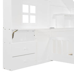 Bellemave® Kids Floor House Bed with Fences & Drawers, Platform Bed with Storage Headboard, Shelves, Sockets & USB (White) - Bellemave