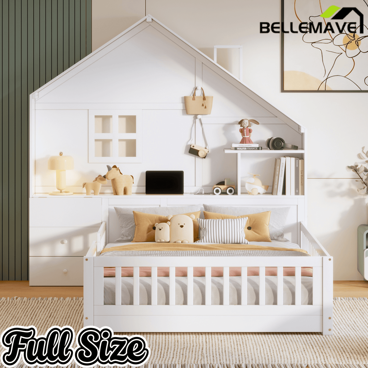 Bellemave® Kids Floor House Bed with Fences & Drawers, Platform Bed with Storage Headboard, Shelves, Sockets & USB (White) - Bellemave