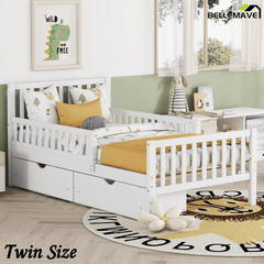 Bellemave® Kids Full Bed Frame with Storage Drawers and Both Sides Guardrails, Kids Platform Bed with Headboard and Slat Support, White - Bellemave