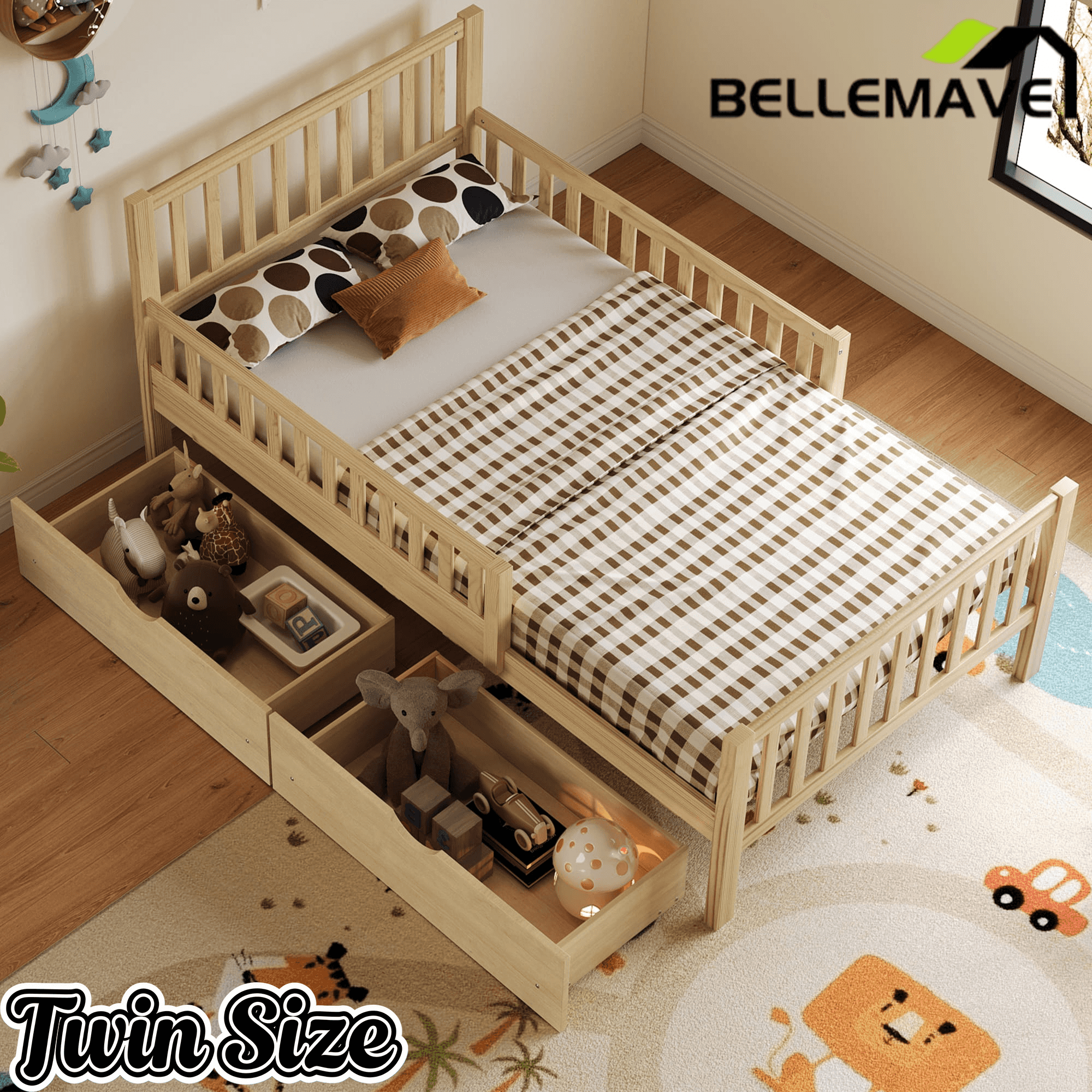 Bellemave® Kids Full Bed Frame with Storage Drawers and Both Sides Guardrails, Kids Platform Bed with Headboard and Slat Support, White - Bellemave