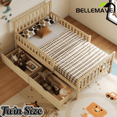 Bellemave® Kids Full Bed Frame with Storage Drawers and Both Sides Guardrails, Kids Platform Bed with Headboard and Slat Support, White - Bellemave