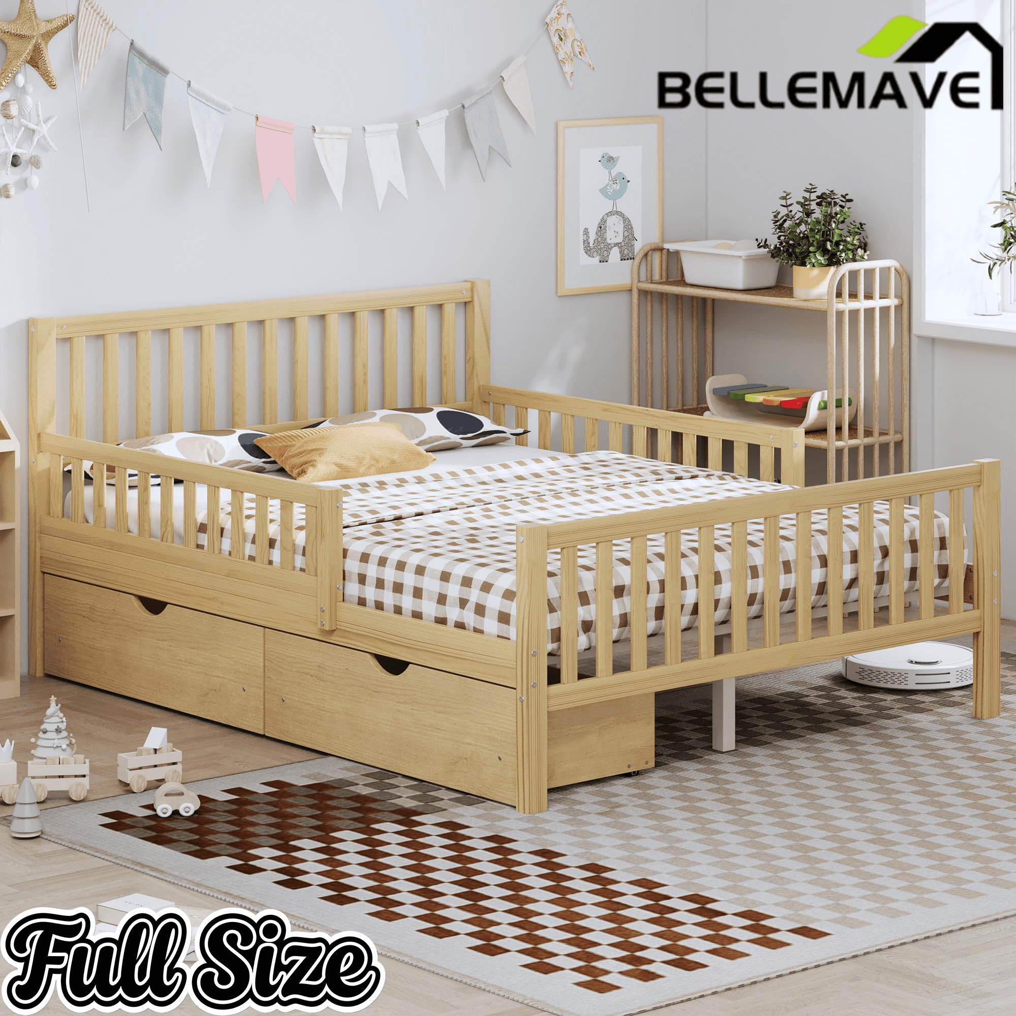 Bellemave® Kids Full Bed Frame with Storage Drawers and Both Sides Guardrails, Kids Platform Bed with Headboard and Slat Support, White - Bellemave