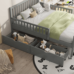 Bellemave® Kids Full Bed Frame with Storage Drawers and Both Sides Guardrails, Kids Platform Bed with Headboard and Slat Support, White - Bellemave