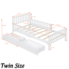 Bellemave® Kids Full Bed Frame with Storage Drawers and Both Sides Guardrails, Kids Platform Bed with Headboard and Slat Support, White - Bellemave