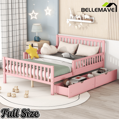 Bellemave® Kids Full Bed Frame with Storage Drawers and Both Sides Guardrails, Kids Platform Bed with Headboard and Slat Support, White - Bellemave
