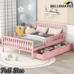 Bellemave® Kids Full Bed Frame with Storage Drawers and Both Sides Guardrails, Kids Platform Bed with Headboard and Slat Support, White - Bellemave