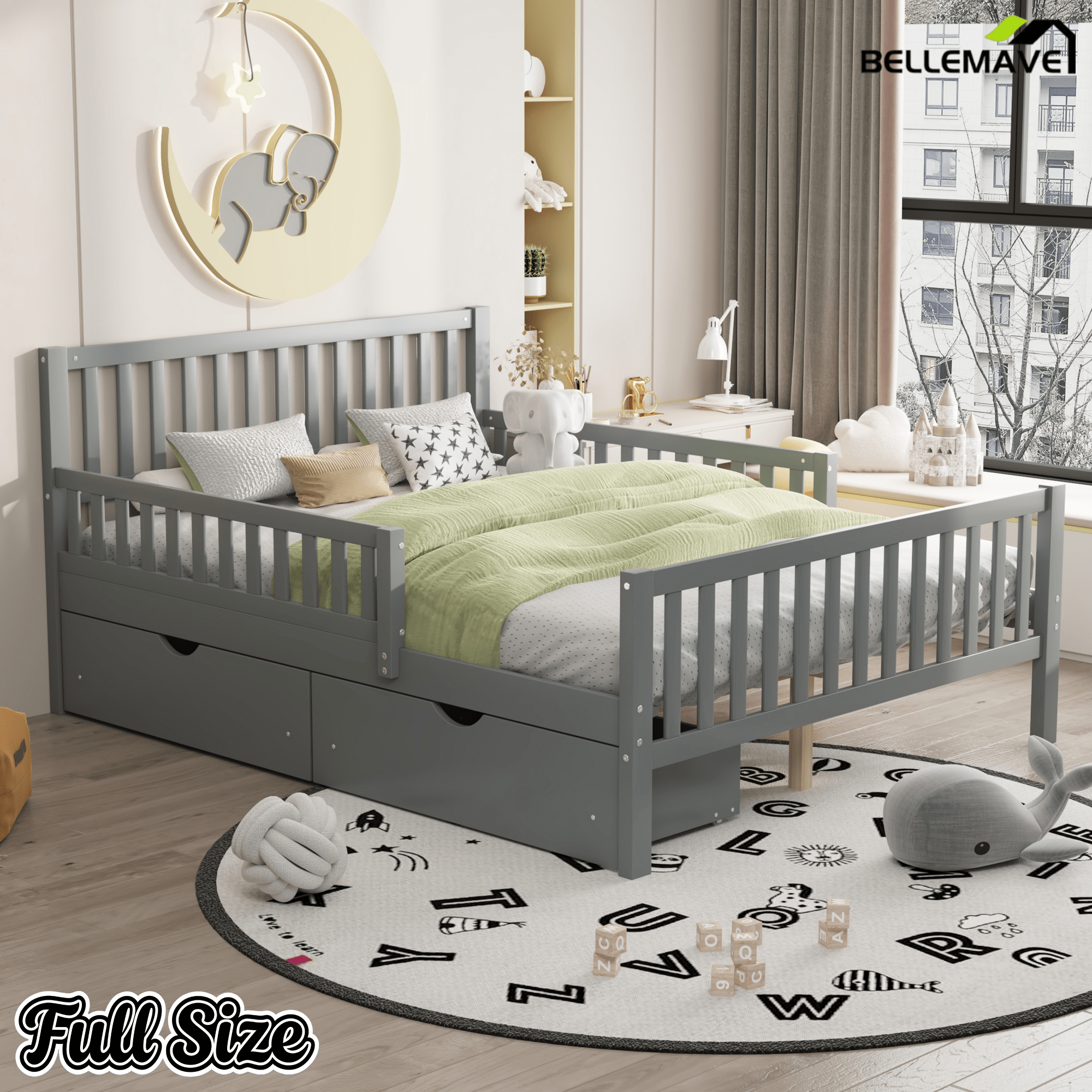 Bellemave® Kids Full Bed Frame with Storage Drawers and Both Sides Guardrails, Kids Platform Bed with Headboard and Slat Support, White - Bellemave