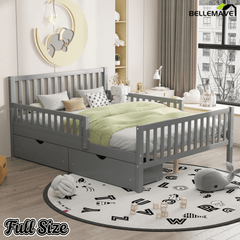 Bellemave® Kids Full Bed Frame with Storage Drawers and Both Sides Guardrails, Kids Platform Bed with Headboard and Slat Support, White - Bellemave