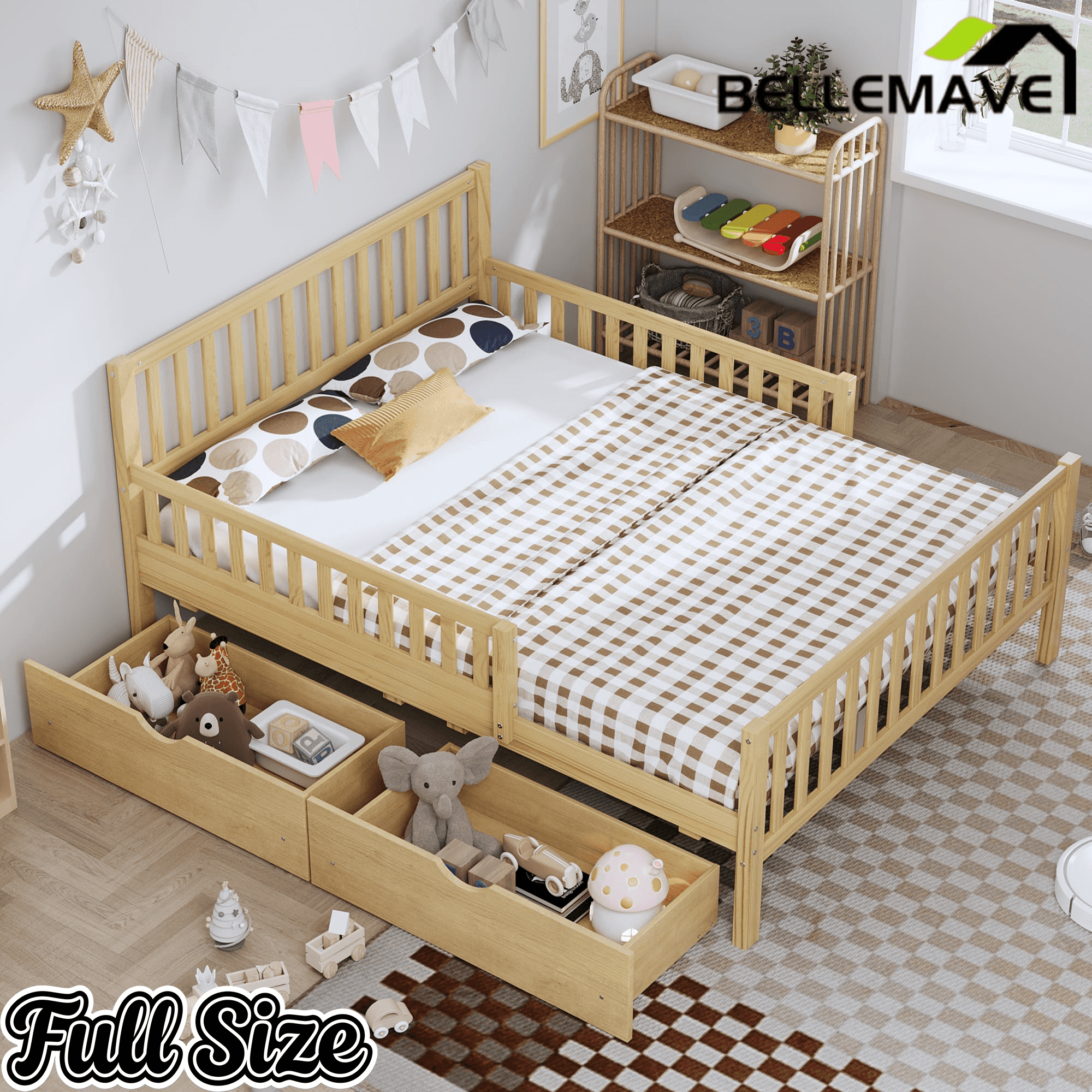 Bellemave® Kids Full Bed Frame with Storage Drawers and Both Sides Guardrails, Kids Platform Bed with Headboard and Slat Support, White - Bellemave