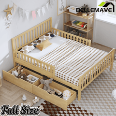 Bellemave® Kids Full Bed Frame with Storage Drawers and Both Sides Guardrails, Kids Platform Bed with Headboard and Slat Support, White - Bellemave