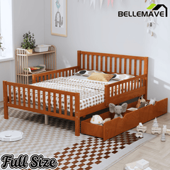 Bellemave® Kids Full Bed Frame with Storage Drawers and Both Sides Guardrails, Kids Platform Bed with Headboard and Slat Support, White - Bellemave