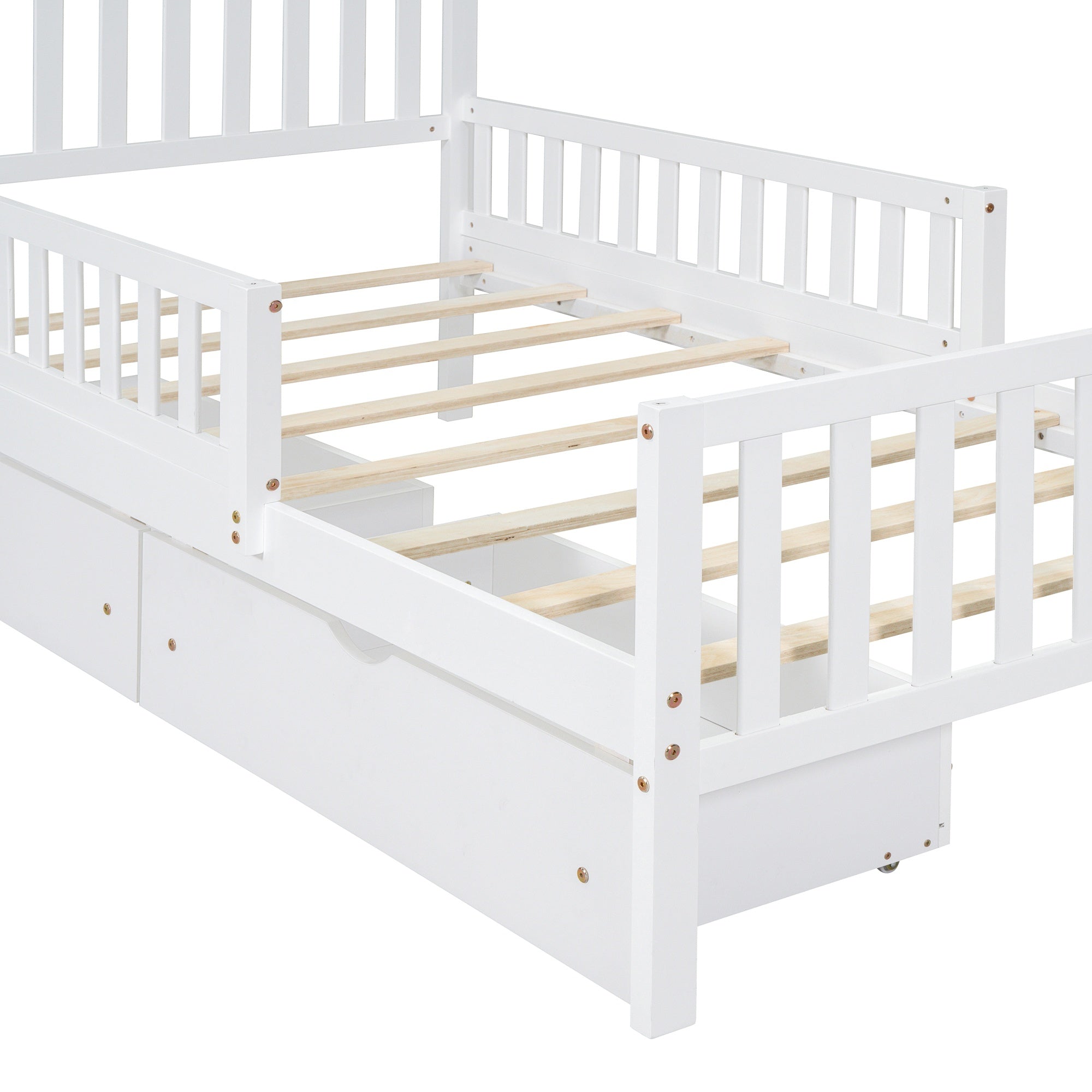 Bellemave® Kids Full Bed Frame with Storage Drawers and Both Sides Guardrails, Kids Platform Bed with Headboard and Slat Support, White - Bellemave