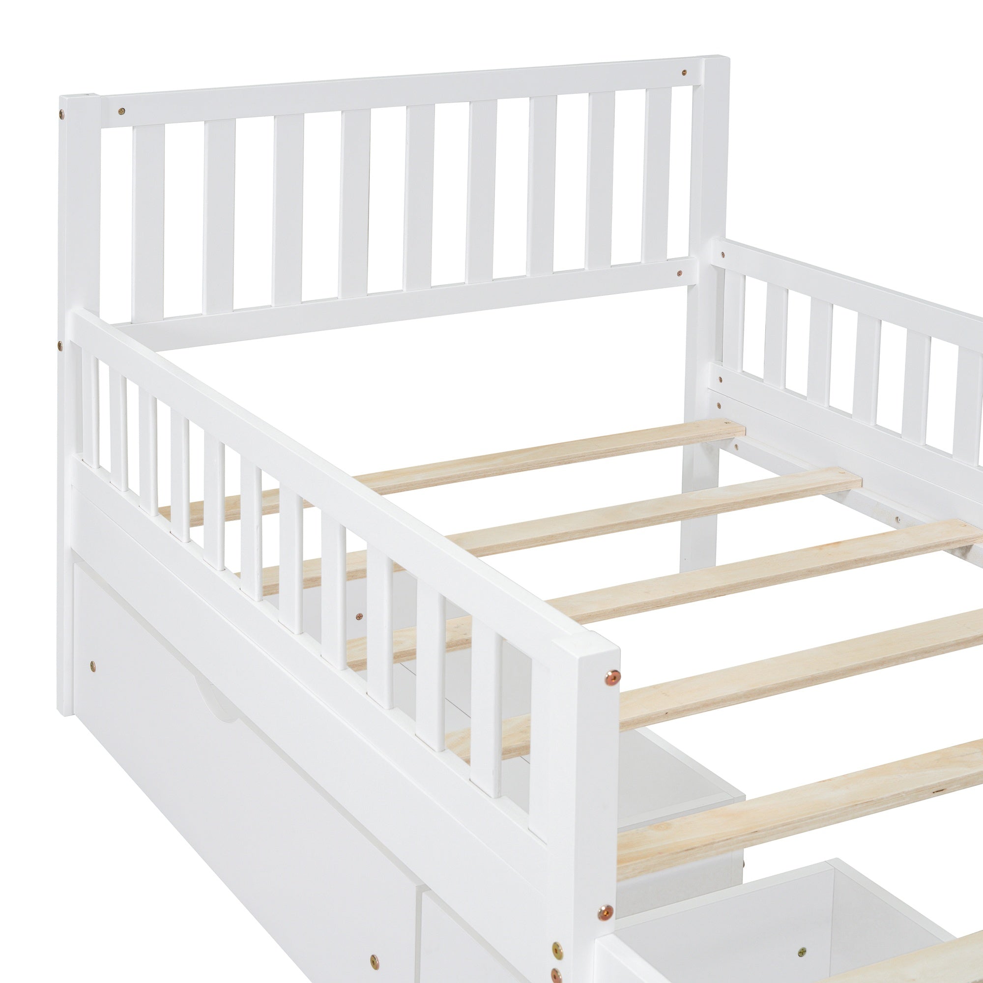 Bellemave® Kids Full Bed Frame with Storage Drawers and Both Sides Guardrails, Kids Platform Bed with Headboard and Slat Support, White - Bellemave