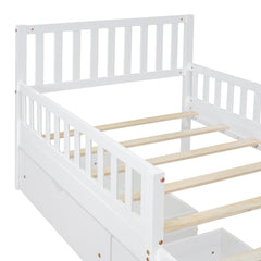 Bellemave® Kids Full Bed Frame with Storage Drawers and Both Sides Guardrails, Kids Platform Bed with Headboard and Slat Support, White - Bellemave
