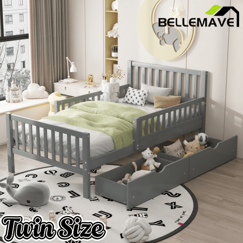 Bellemave® Kids Full Bed Frame with Storage Drawers and Both Sides Guardrails, Kids Platform Bed with Headboard and Slat Support, White - Bellemave