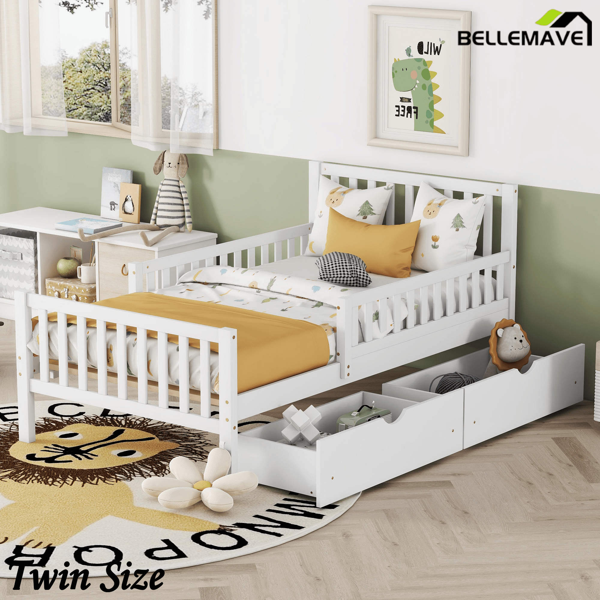 Bellemave® Kids Full Bed Frame with Storage Drawers and Both Sides Guardrails, Kids Platform Bed with Headboard and Slat Support, White - Bellemave