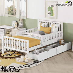Bellemave® Kids Full Bed Frame with Storage Drawers and Both Sides Guardrails, Kids Platform Bed with Headboard and Slat Support, White - Bellemave