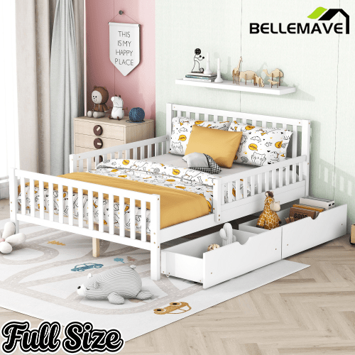 Bellemave® Kids Full Bed Frame with Storage Drawers and Both Sides Guardrails, Kids Platform Bed with Headboard and Slat Support, White - Bellemave