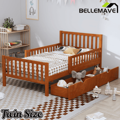 Bellemave® Kids Full Bed Frame with Storage Drawers and Both Sides Guardrails, Kids Platform Bed with Headboard and Slat Support, White - Bellemave