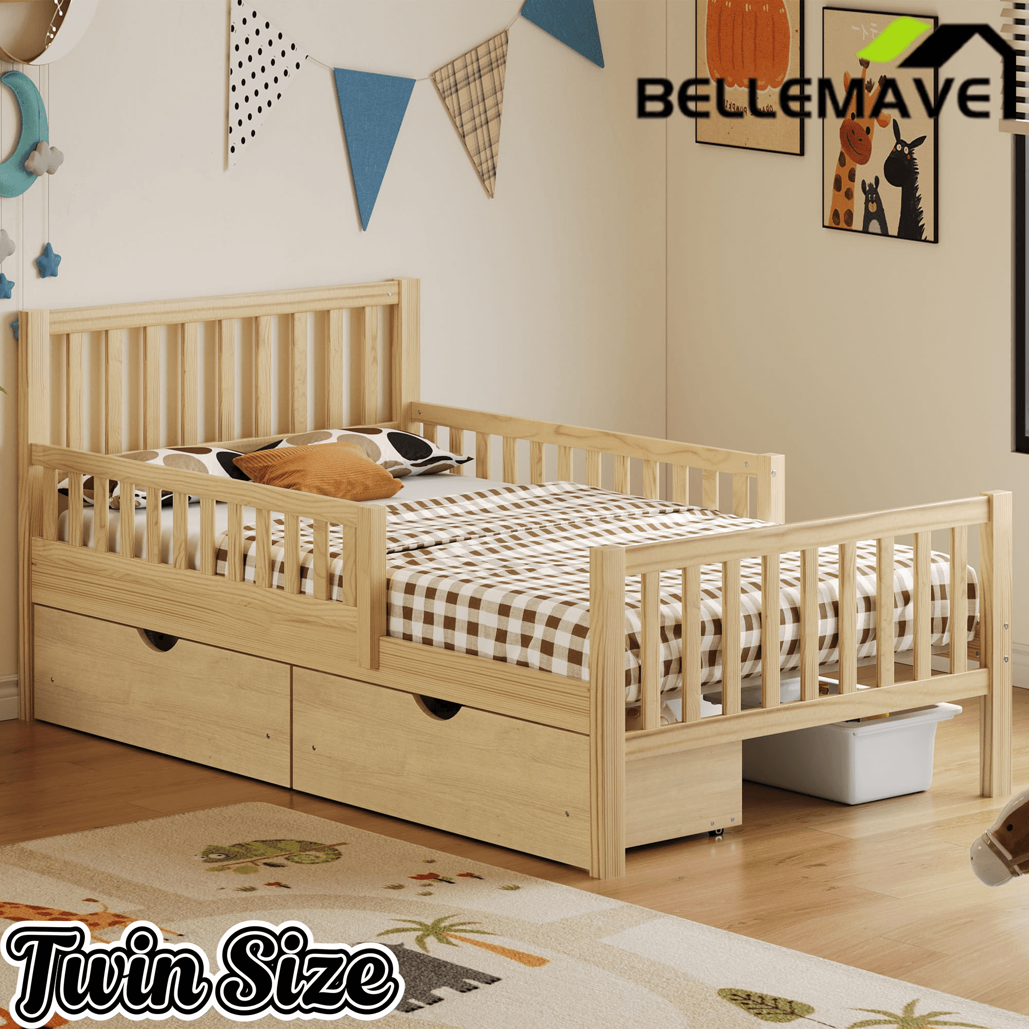 Bellemave® Kids Full Bed Frame with Storage Drawers and Both Sides Guardrails, Kids Platform Bed with Headboard and Slat Support, White - Bellemave