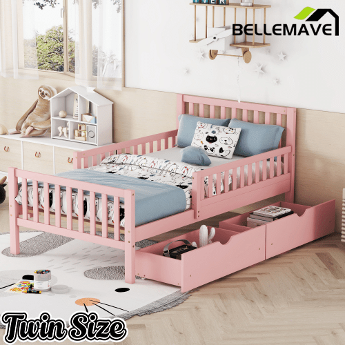 Bellemave® Kids Full Bed Frame with Storage Drawers and Both Sides Guardrails, Kids Platform Bed with Headboard and Slat Support, White - Bellemave