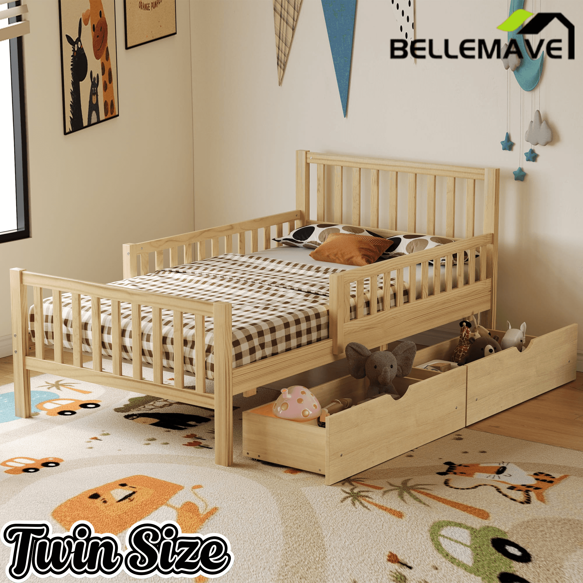 Bellemave® Kids Full Bed Frame with Storage Drawers and Both Sides Guardrails, Kids Platform Bed with Headboard and Slat Support, White - Bellemave