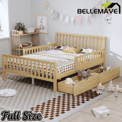 Bellemave® Kids Full Bed Frame with Storage Drawers and Both Sides Guardrails, Kids Platform Bed with Headboard and Slat Support, White - Bellemave
