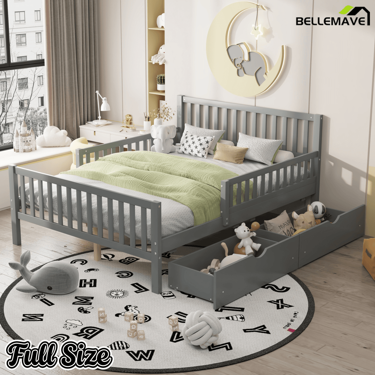 Bellemave® Kids Full Bed Frame with Storage Drawers and Both Sides Guardrails, Kids Platform Bed with Headboard and Slat Support, White - Bellemave