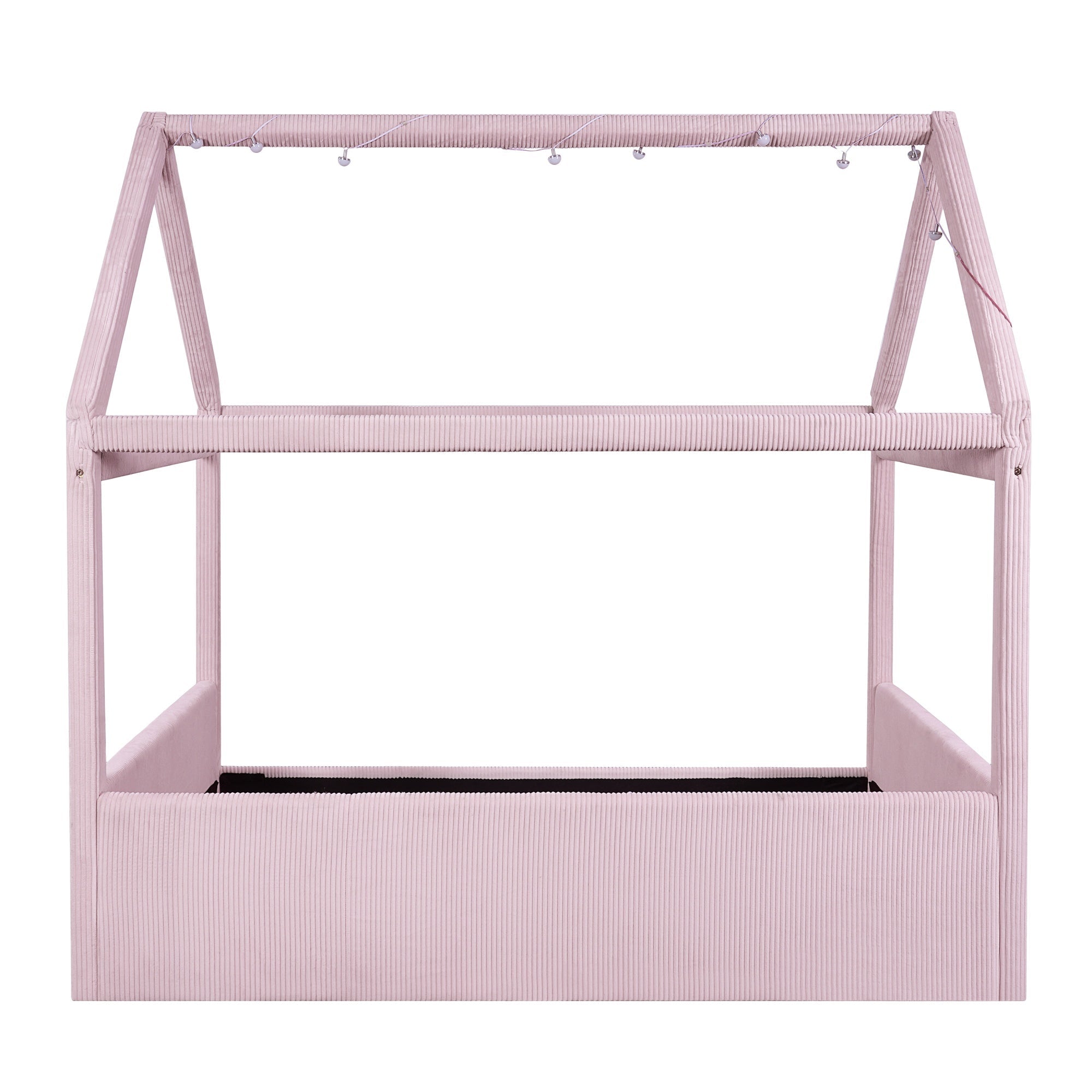 Bellemave® Kids Full Size Bed Frame with LED Light Strips, Upholstered House Bed for Kids, Wood Full Size Floor Bed with Slats, No Box Spring Needed, Pink - Bellemave