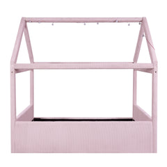 Bellemave® Kids Full Size Bed Frame with LED Light Strips, Upholstered House Bed for Kids, Wood Full Size Floor Bed with Slats, No Box Spring Needed, Pink - Bellemave