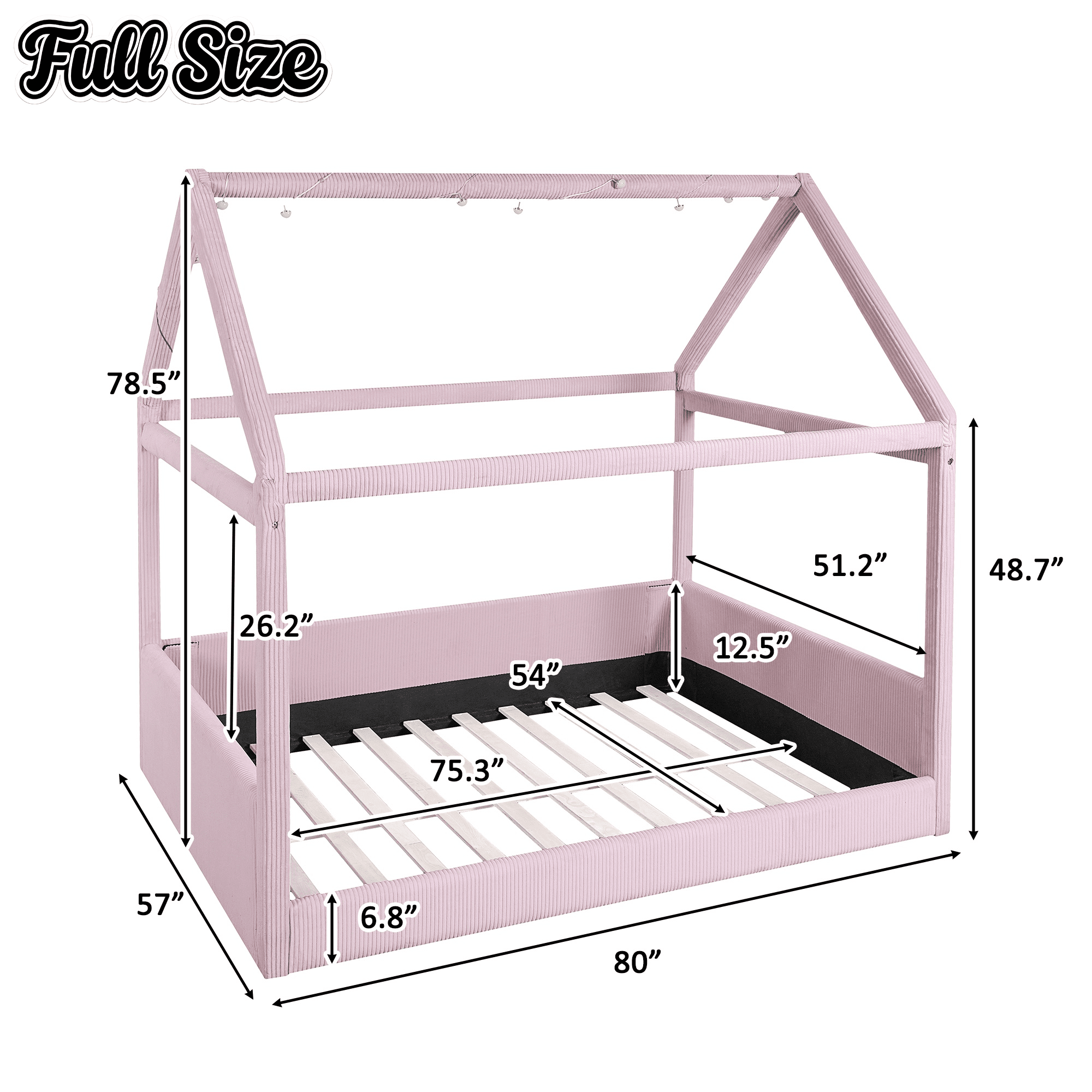 Bellemave® Kids Full Size Bed Frame with LED Light Strips, Upholstered House Bed for Kids, Wood Full Size Floor Bed with Slats, No Box Spring Needed, Pink - Bellemave