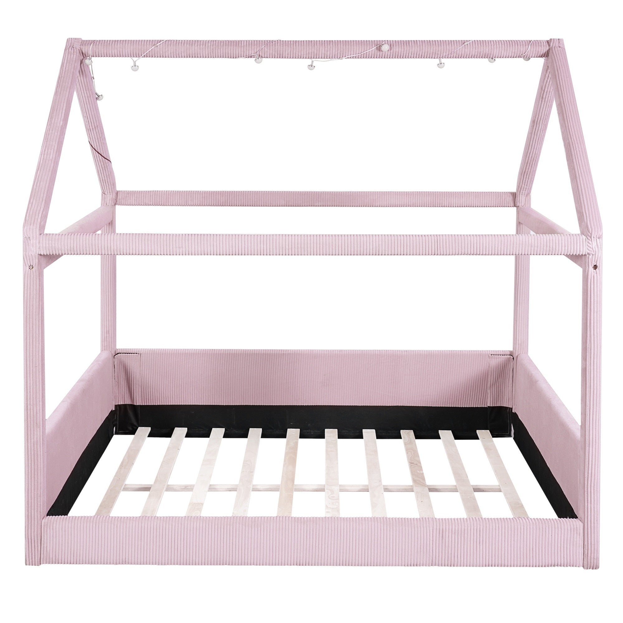Bellemave® Kids Full Size Bed Frame with LED Light Strips, Upholstered House Bed for Kids, Wood Full Size Floor Bed with Slats, No Box Spring Needed, Pink - Bellemave
