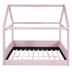 Bellemave® Kids Full Size Bed Frame with LED Light Strips, Upholstered House Bed for Kids, Wood Full Size Floor Bed with Slats, No Box Spring Needed, Pink - Bellemave