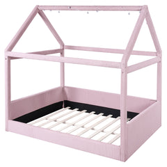 Bellemave® Kids Full Size Bed Frame with LED Light Strips, Upholstered House Bed for Kids, Wood Full Size Floor Bed with Slats, No Box Spring Needed, Pink - Bellemave